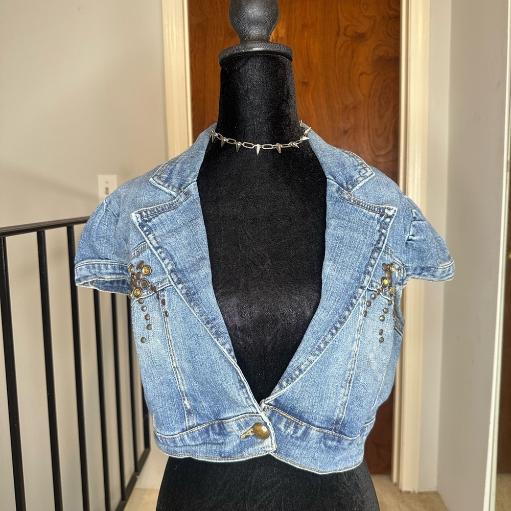2 piece set top & capri bottom Studded Denim Cropped Jacket